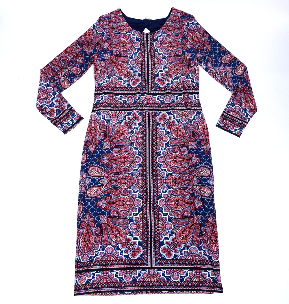 Cato Womens Large Dress Sheath Blue Red Paisley Long Sleeve Midi Stretch Comfort
